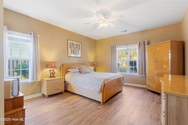 bedroom with ceiling fan and light wood-type flooring