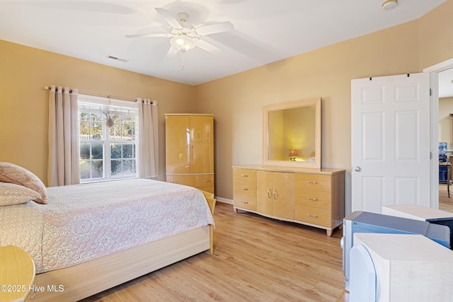 bedroom featuring ceiling fan and light hardwood / wood-style flooring