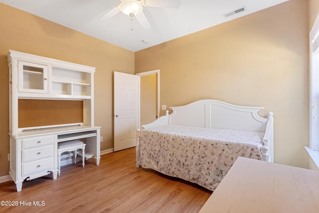 bedroom featuring ceiling fan and light wood-type flooring