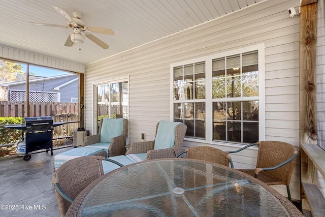 sunroom / solarium featuring ceiling fan and wood ceiling