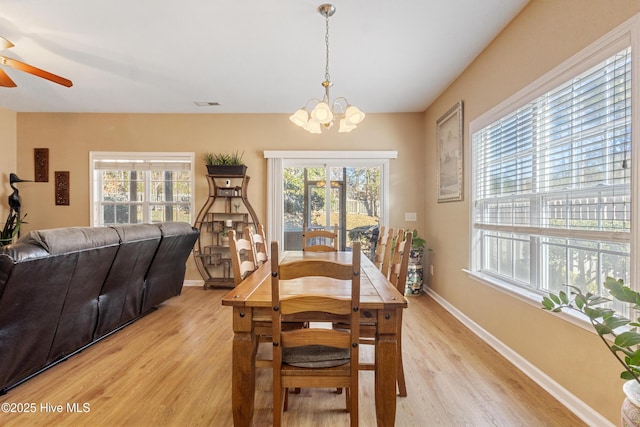 dining room featuring plenty of natural light, ceiling fan with notable chandelier, and light hardwood / wood-style flooring