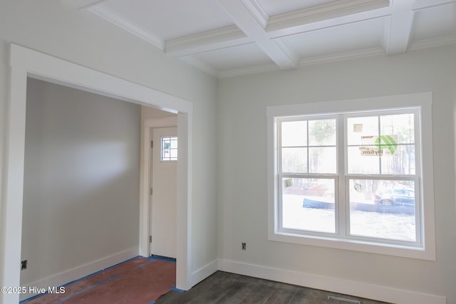 interior space featuring baseboards, coffered ceiling, dark wood-style floors, ornamental molding, and beamed ceiling