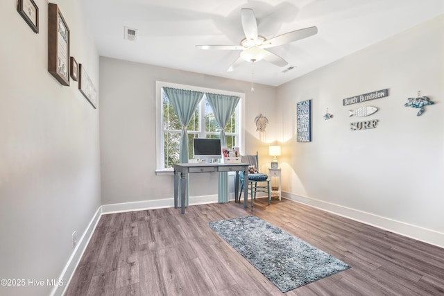 office featuring ceiling fan and hardwood / wood-style floors