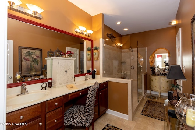 full bath with a stall shower, a sink, recessed lighting, tile patterned flooring, and double vanity