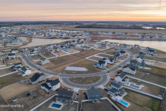 view of aerial view at dusk