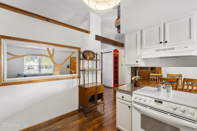 kitchen with white cabinets, dark stone counters, white range with electric stovetop, and dark hardwood / wood-style flooring