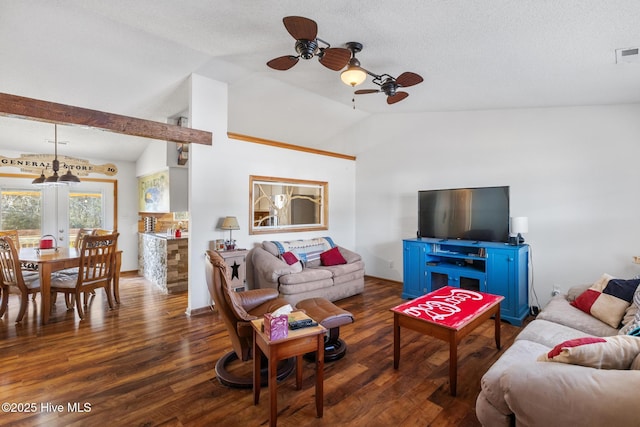 living room featuring ceiling fan, a textured ceiling, french doors, vaulted ceiling, and dark hardwood / wood-style floors