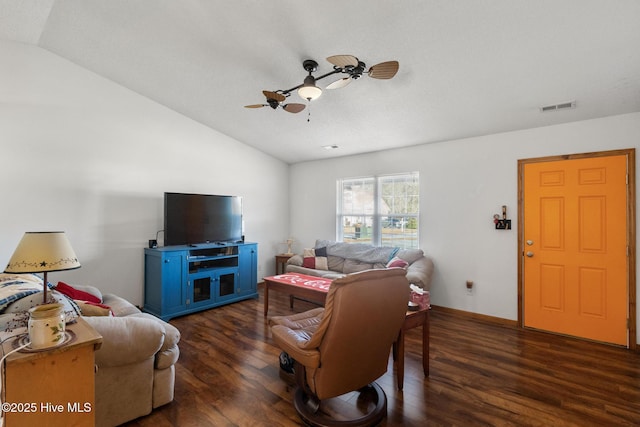 living room featuring ceiling fan, dark hardwood / wood-style flooring, and lofted ceiling