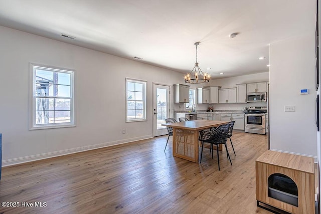 kitchen with hanging light fixtures, appliances with stainless steel finishes, plenty of natural light, and light hardwood / wood-style flooring