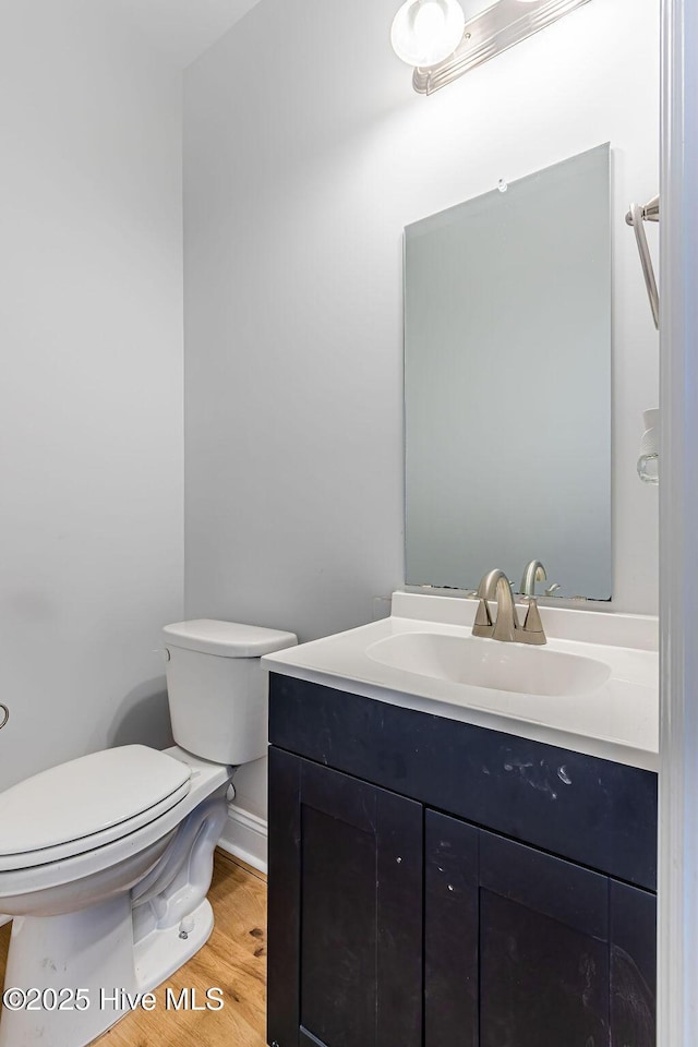 bathroom featuring vanity, wood-type flooring, and toilet