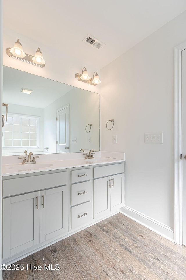 bathroom with hardwood / wood-style flooring and vanity