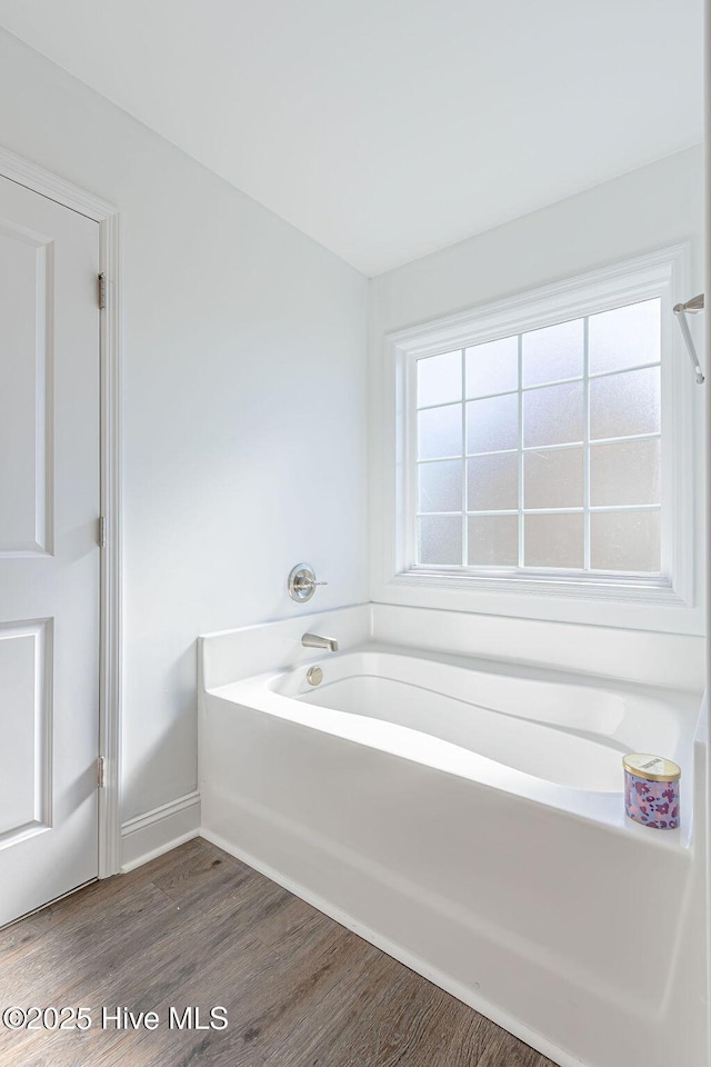 bathroom with a tub to relax in and wood-type flooring