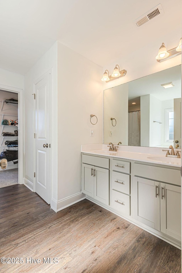 bathroom featuring vanity, wood-type flooring, and a shower with shower curtain