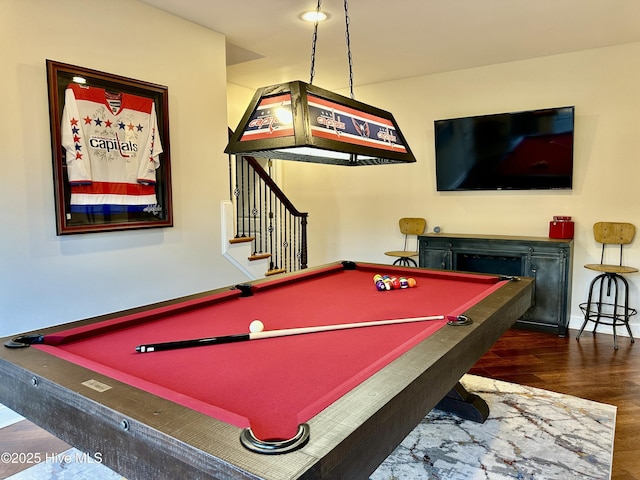 playroom featuring billiards and dark wood-type flooring