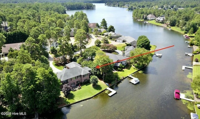 birds eye view of property featuring a water view