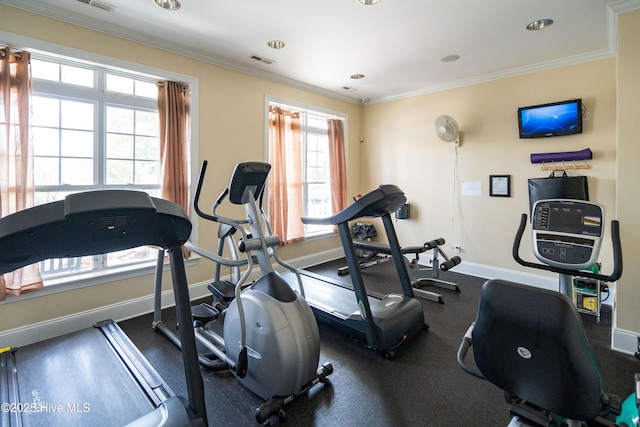 7195 Bonaventure St SW Apt 104, Ocean Isle Beach, NC 28469 - workout room with baseboards, ornamental molding, and recessed lighting