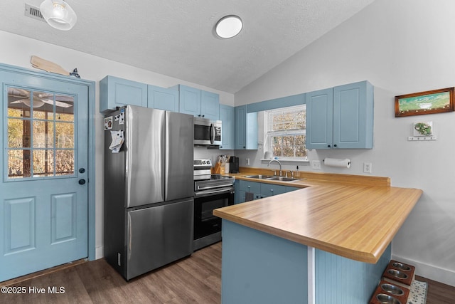 kitchen with lofted ceiling, sink, blue cabinetry, appliances with stainless steel finishes, and kitchen peninsula