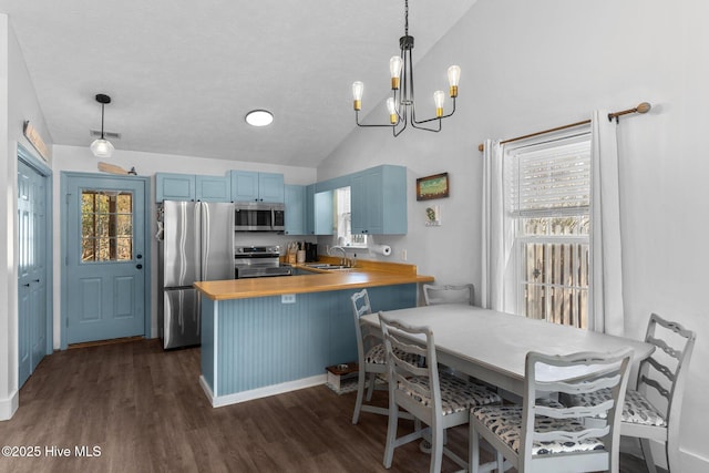 kitchen with sink, wooden counters, kitchen peninsula, stainless steel appliances, and blue cabinetry