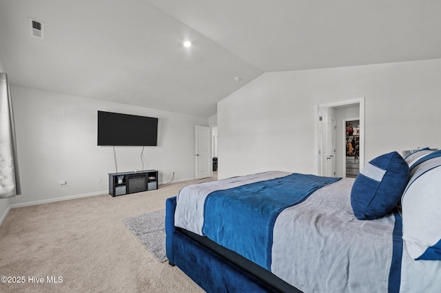 bedroom featuring vaulted ceiling, carpet flooring, baseboards, and visible vents