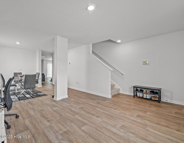 office area featuring recessed lighting, baseboards, and light wood-style floors