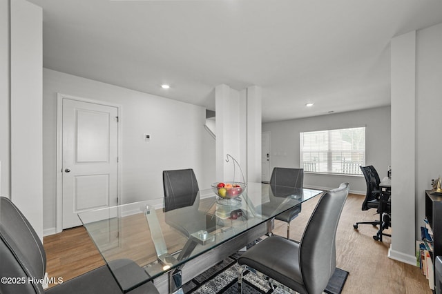 home office featuring recessed lighting, baseboards, and wood finished floors