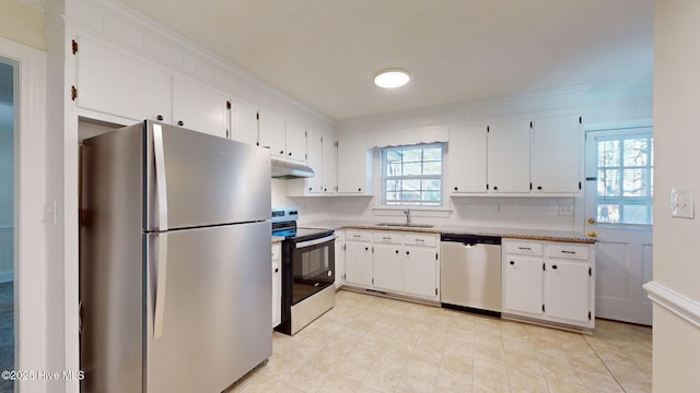 kitchen featuring a wealth of natural light, stainless steel appliances, and white cabinets