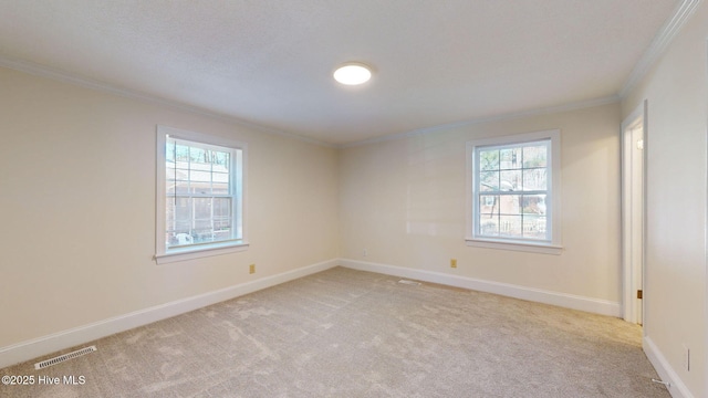 carpeted spare room with crown molding and a wealth of natural light