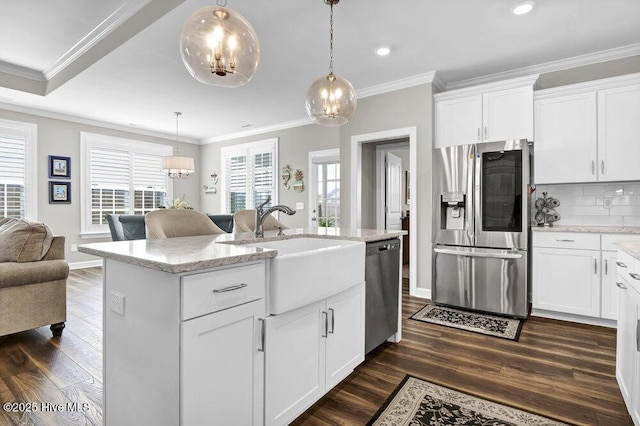 kitchen with white cabinetry, appliances with stainless steel finishes, and dark hardwood / wood-style flooring