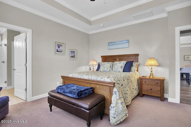 carpeted bedroom with crown molding and ceiling fan