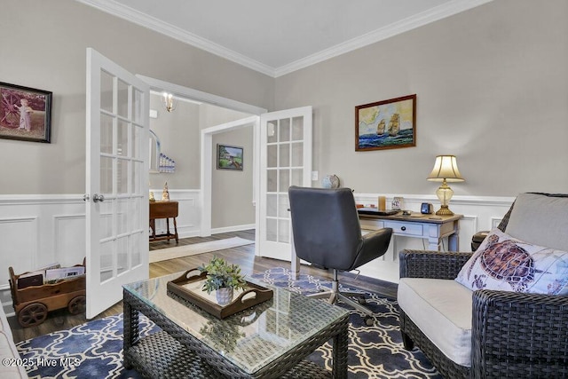 home office featuring dark hardwood / wood-style floors, ornamental molding, and french doors