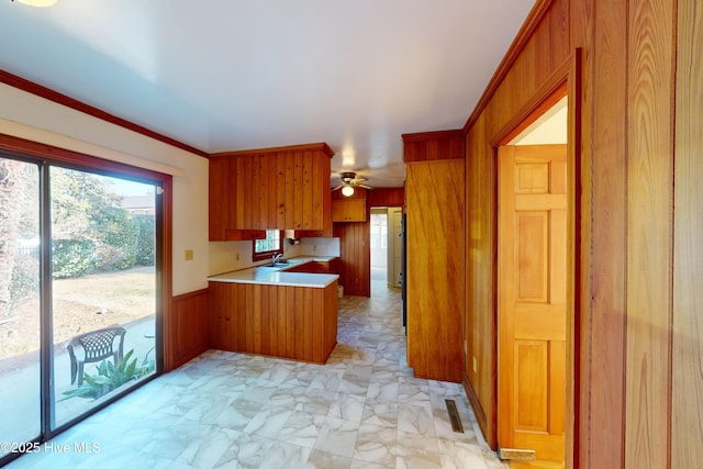 kitchen featuring sink, crown molding, kitchen peninsula, and wood walls