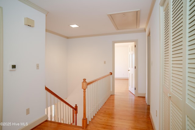 corridor with ornamental molding and light hardwood / wood-style flooring