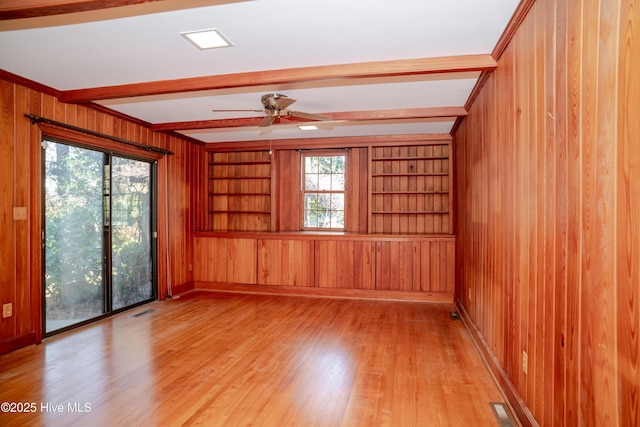 unfurnished room with built in shelves, beam ceiling, light hardwood / wood-style floors, and wood walls