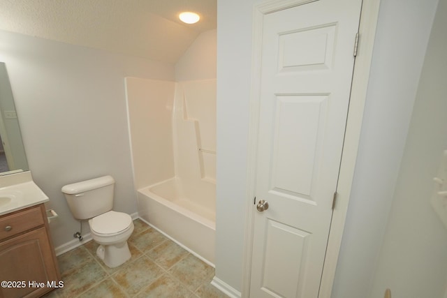 bathroom with tile patterned flooring, toilet, shower / bath combination, vanity, and baseboards