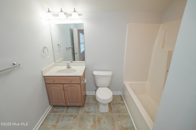 full bath with tile patterned flooring, toilet, vanity, baseboards, and  shower combination