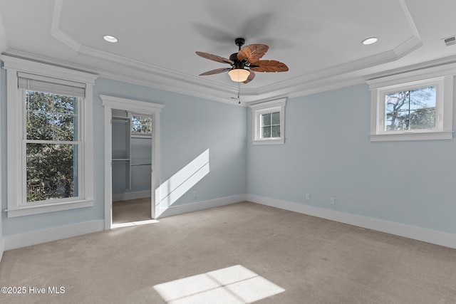 carpeted empty room featuring a wealth of natural light, crown molding, and a tray ceiling