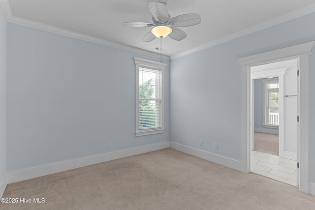 carpeted spare room featuring ceiling fan and ornamental molding