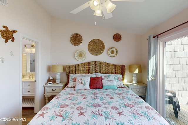 bedroom with connected bathroom, sink, wood-type flooring, and ceiling fan