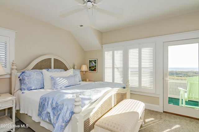 bedroom featuring ceiling fan and lofted ceiling