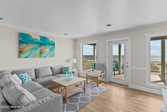 living room featuring crown molding, a water view, a healthy amount of sunlight, and light hardwood / wood-style flooring