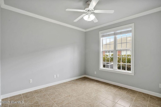 tiled spare room with ceiling fan and ornamental molding