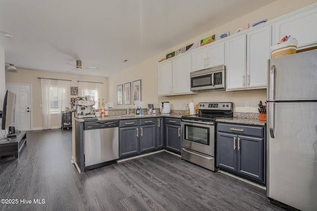 kitchen featuring white cabinetry, light stone countertops, dark hardwood / wood-style flooring, and stainless steel appliances