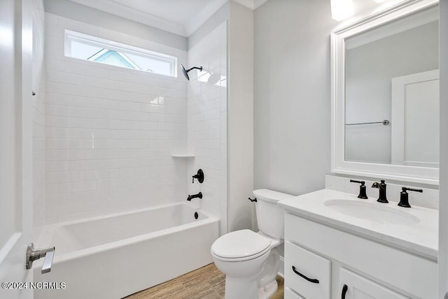 full bathroom with shower / tub combination, toilet, wood-type flooring, and vanity