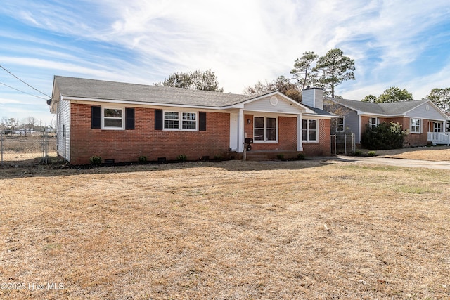 ranch-style home featuring crawl space, brick siding, fence, and a chimney