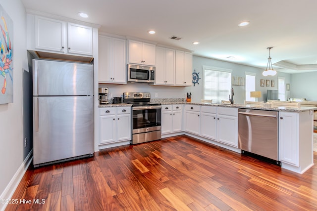 kitchen with appliances with stainless steel finishes, hanging light fixtures, dark hardwood / wood-style floors, white cabinets, and kitchen peninsula