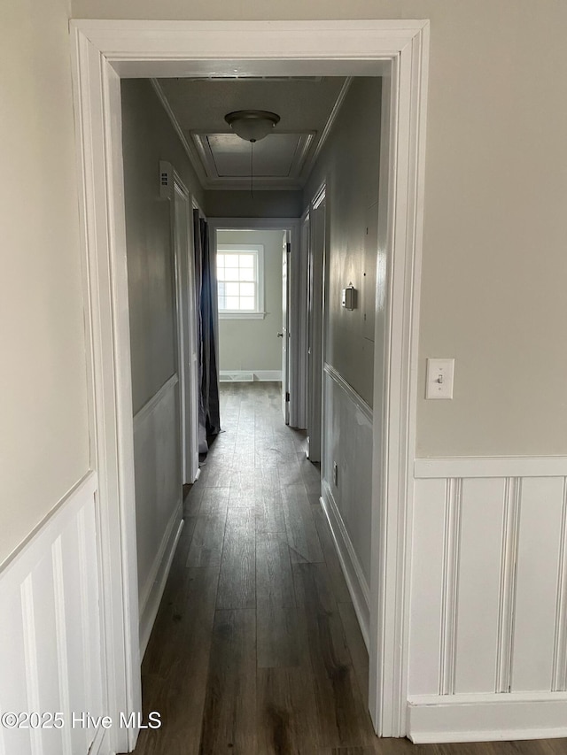 hall with dark hardwood / wood-style flooring and ornamental molding