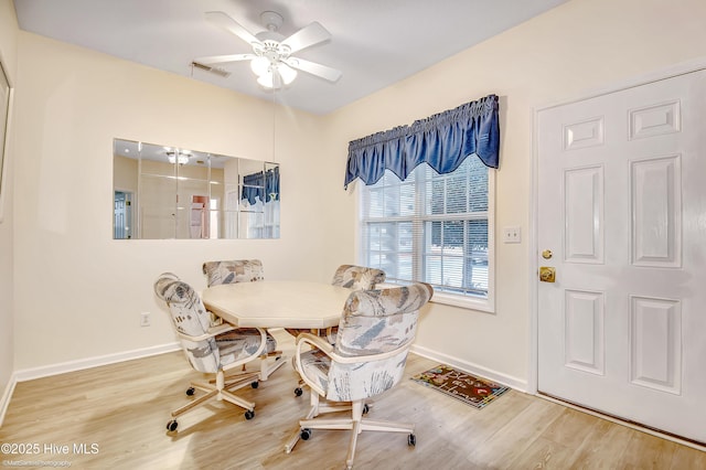 dining space with ceiling fan and wood-type flooring