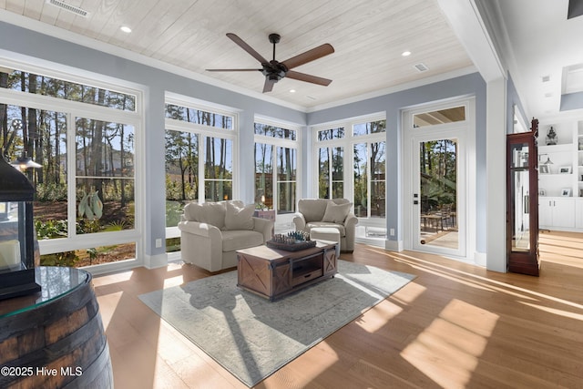 sunroom with wood ceiling, ceiling fan, and a wealth of natural light