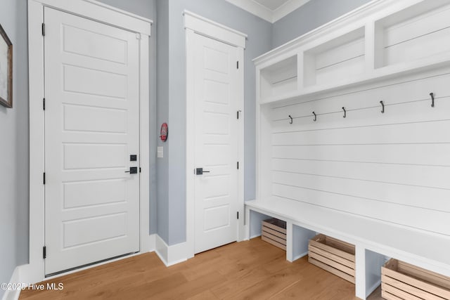 mudroom featuring crown molding and light hardwood / wood-style flooring