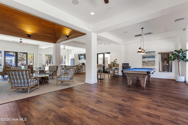 playroom featuring wood ceiling, ceiling fan, dark hardwood / wood-style floors, pool table, and french doors